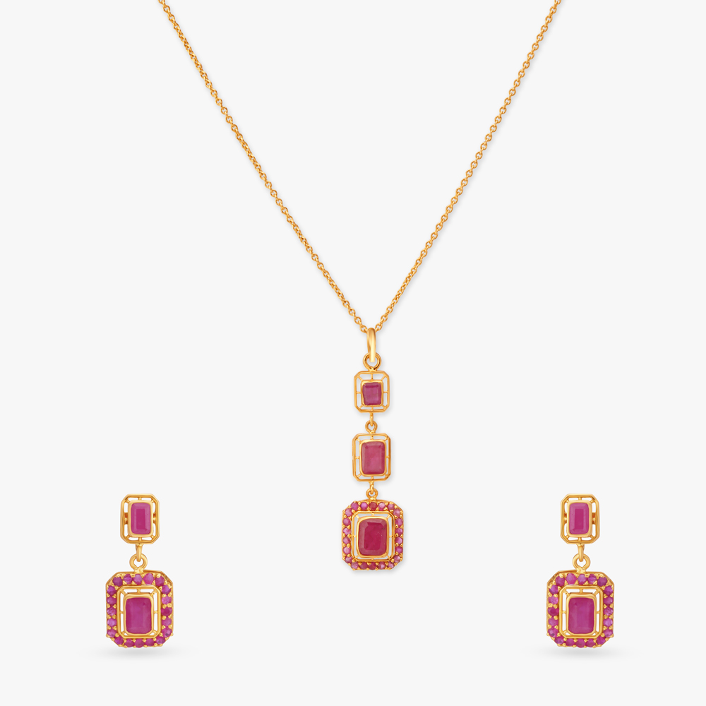 Rectangle Gold Pendant with Chain and Earrings Set