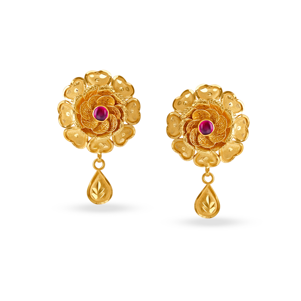 Exuberant Gold Drop Earrings with Coloured Stone