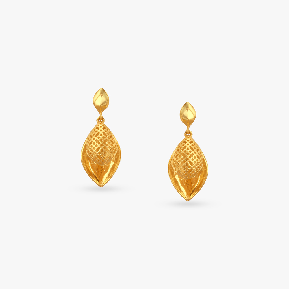 Textured Leaf Gold Drop Earrings