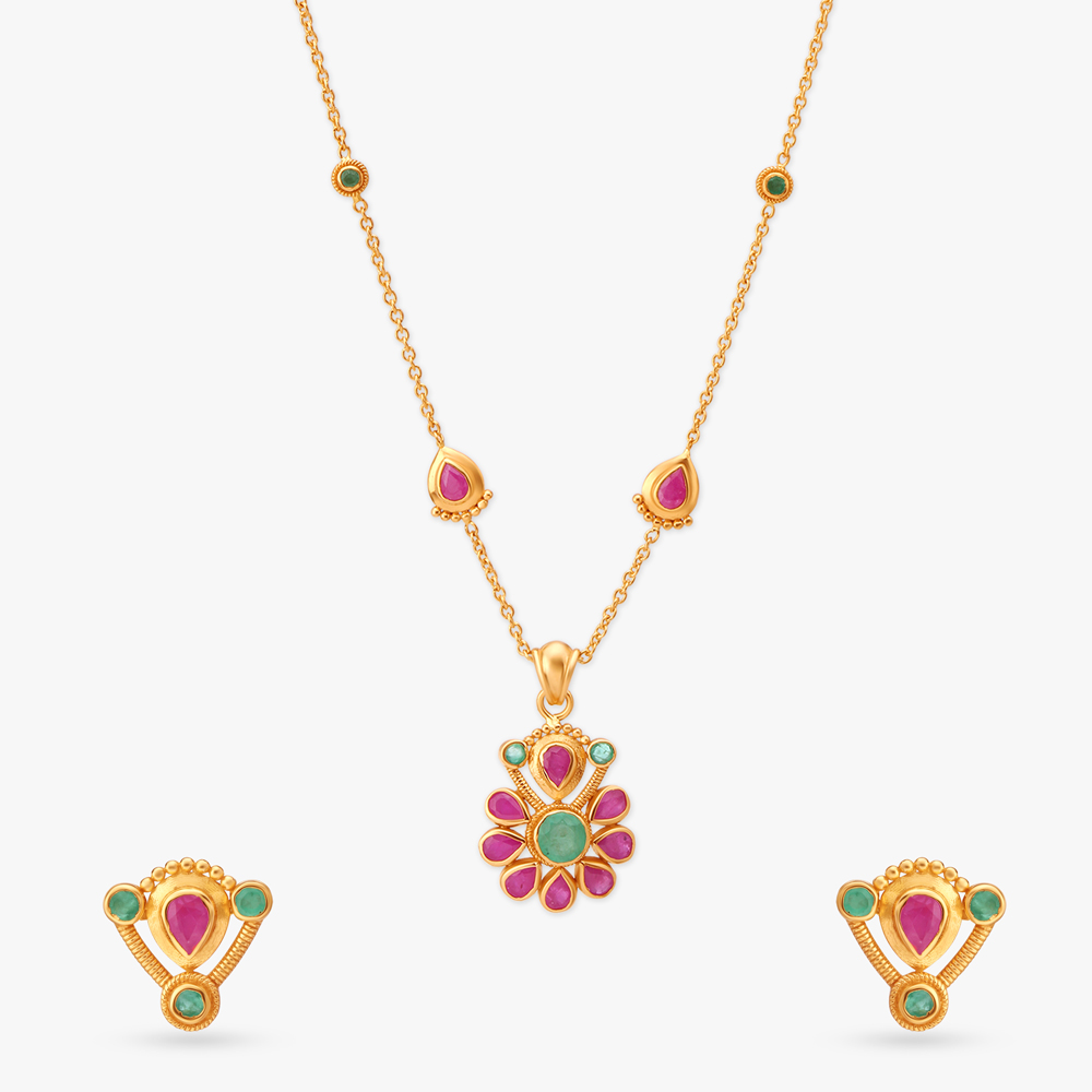 Blossom Gold Pendant with Chain and Earrings Set