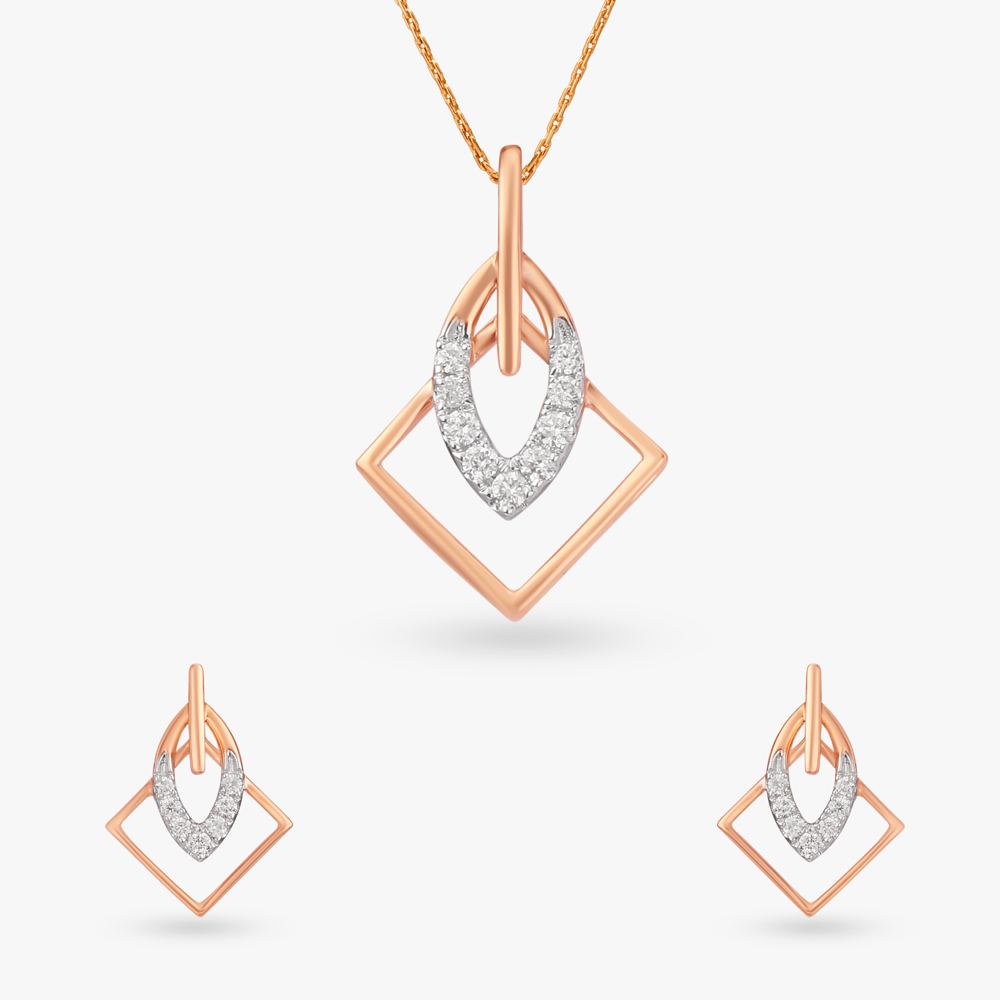 Inclined Diamond Pendant and Earrings Set