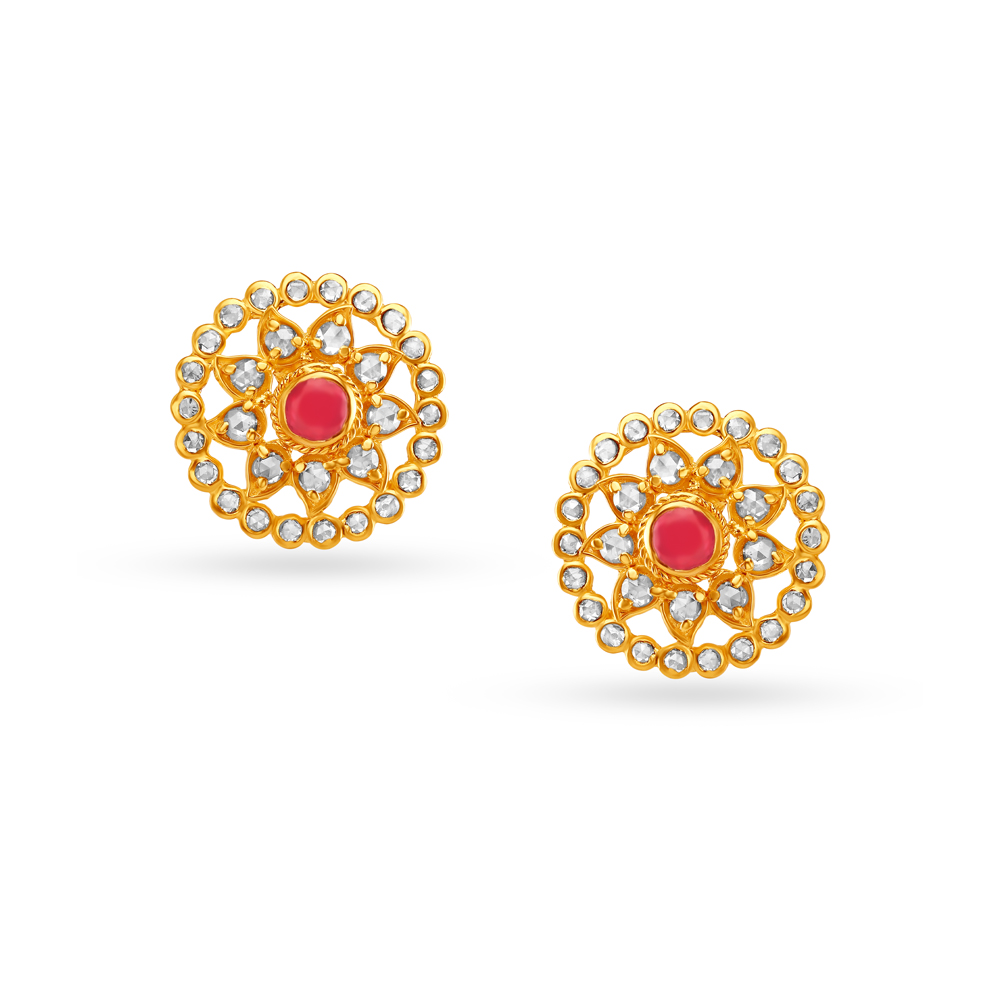 Ruby Studded Sunflower Gold Stud Earrings
