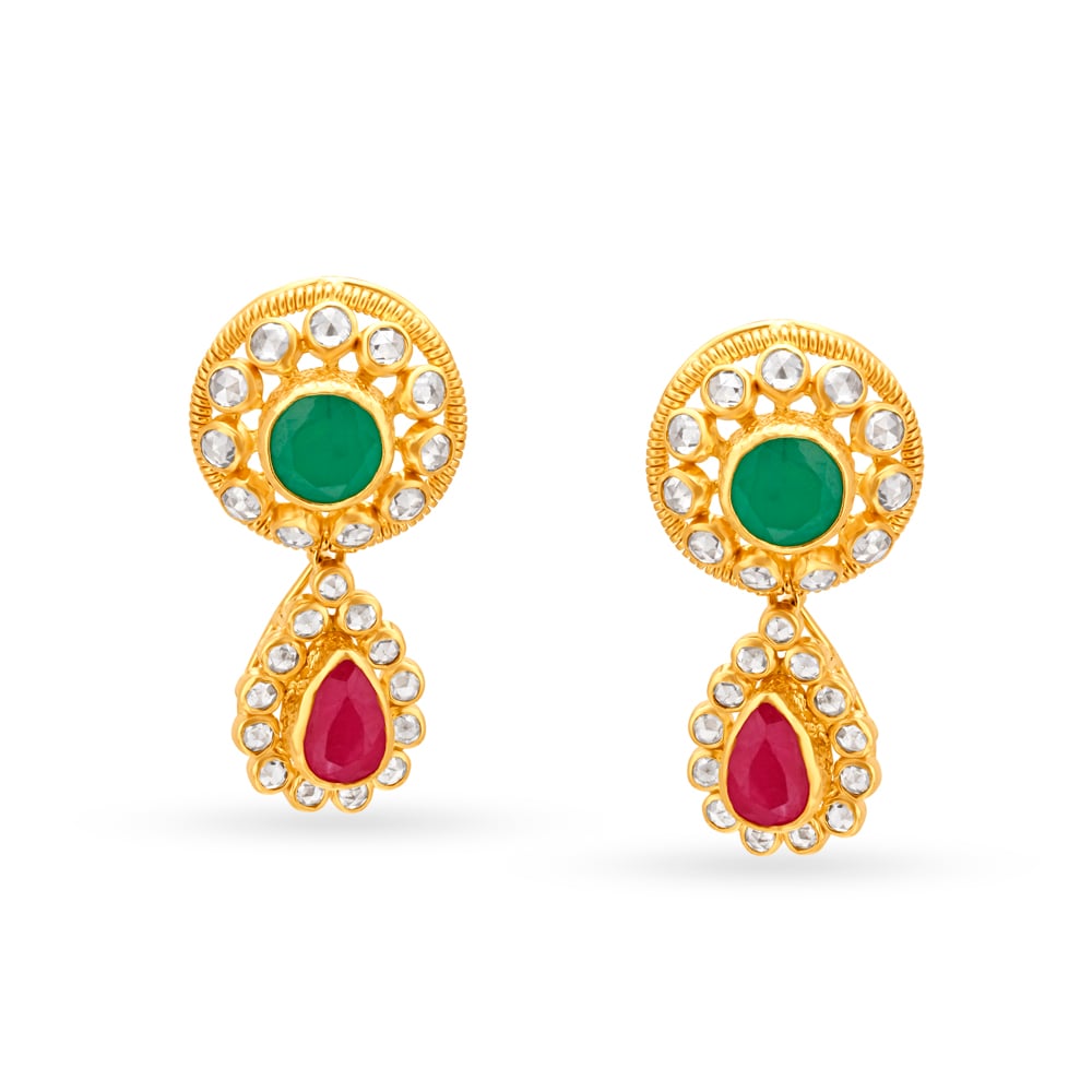 Emerald and Ruby Gold Drop Earrings