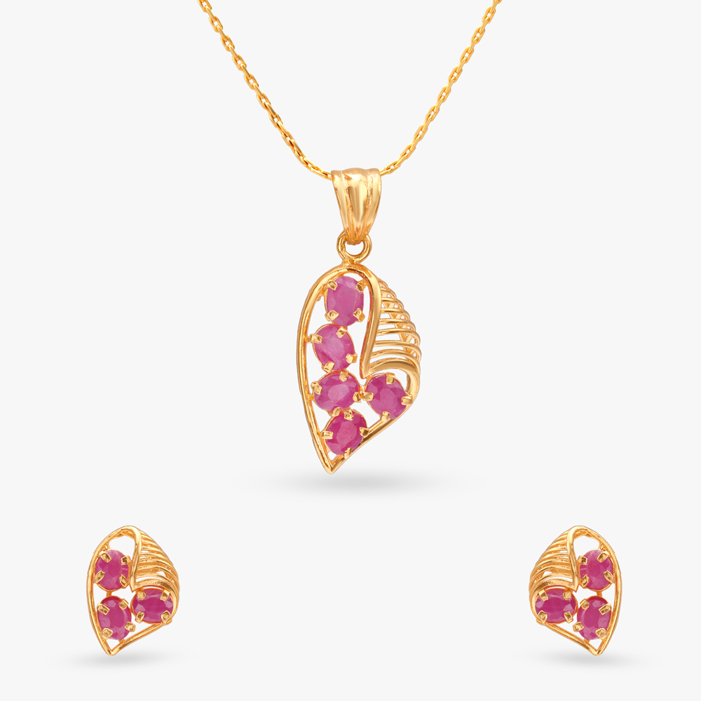 Delicate Bloom Ruby Pendant and Earrings Set