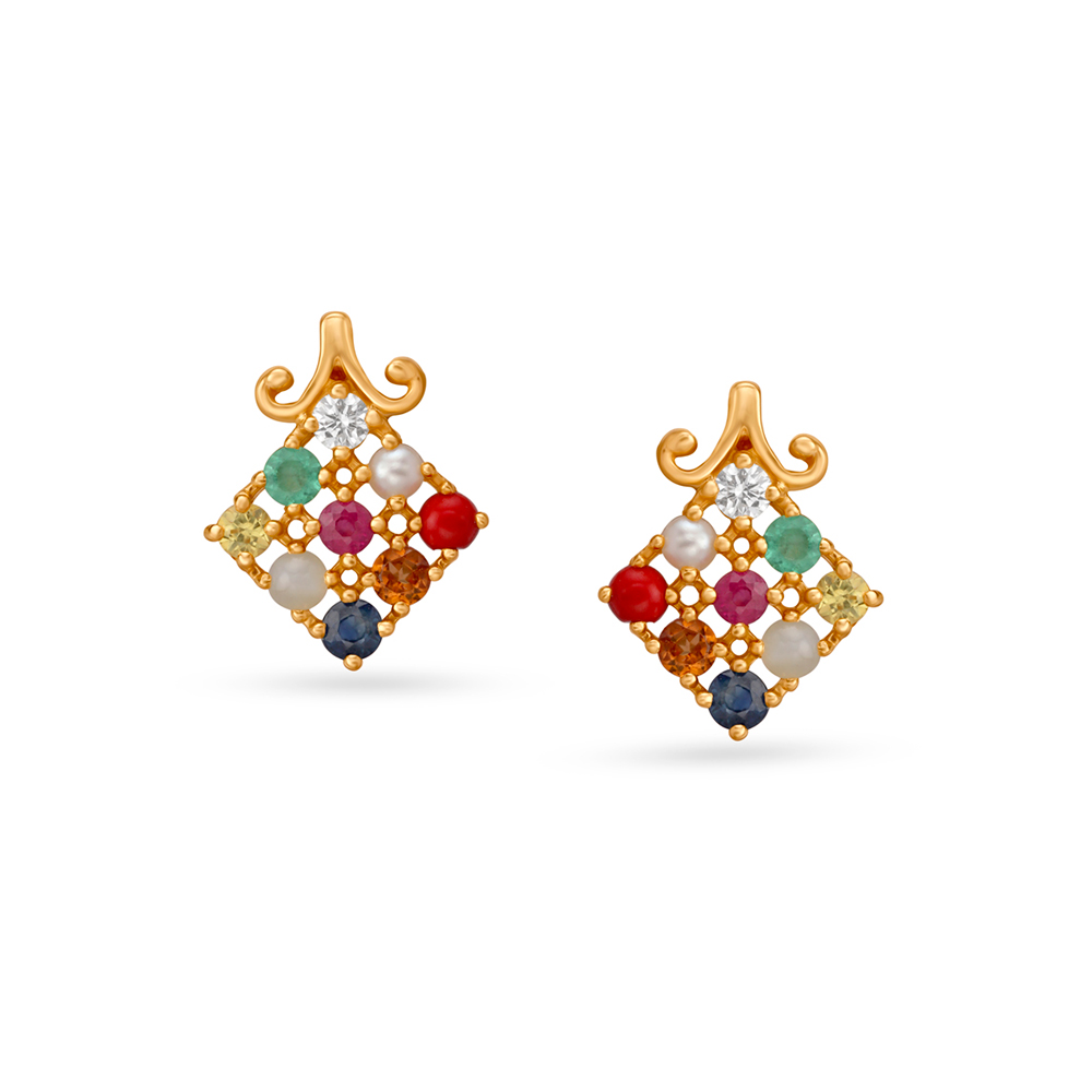 Radiant navaratna Diamond Stud Earrings