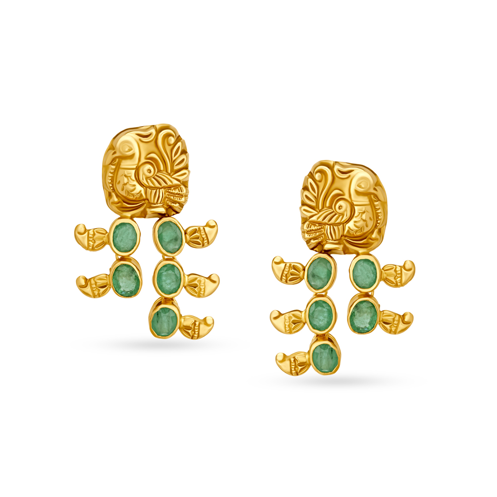 Peacock Motif Emerald Gold Drop Earrings