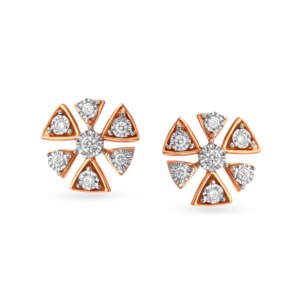 Contemporary Floral Diamond Stud Earrings in White and Rose Gold