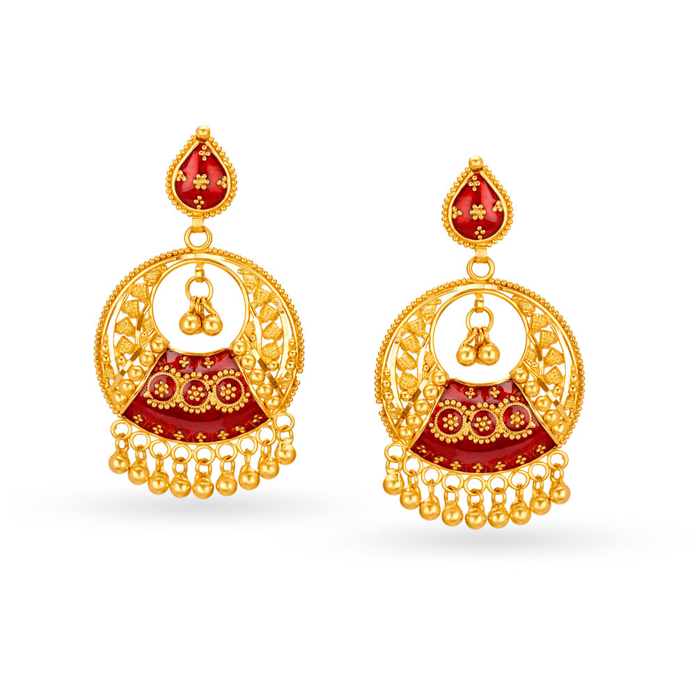 Striking 22 Karat Yellow Gold Beaded Meenakari Drop Earrings