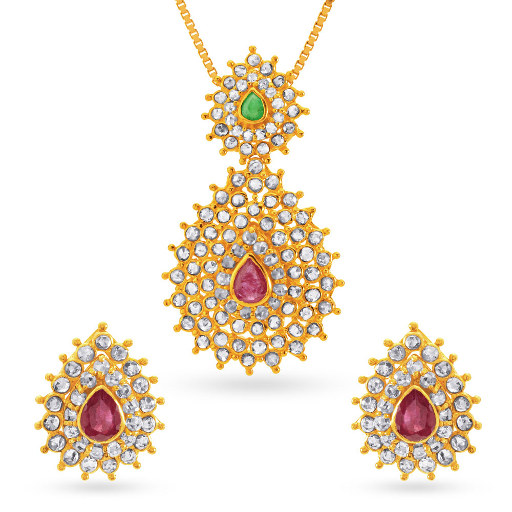 Striking Emerald And Ruby Gold Pendant And Earrings Set