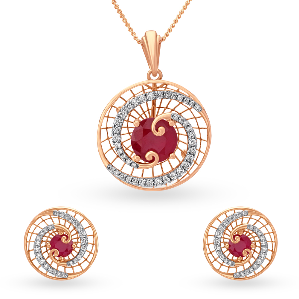 

Swirling Circles Rose Gold and Diamond Pendant and Earrings Set