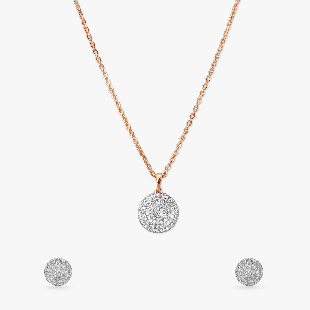 Glitter Disc Diamond Pendant with Chain and Earrings Set