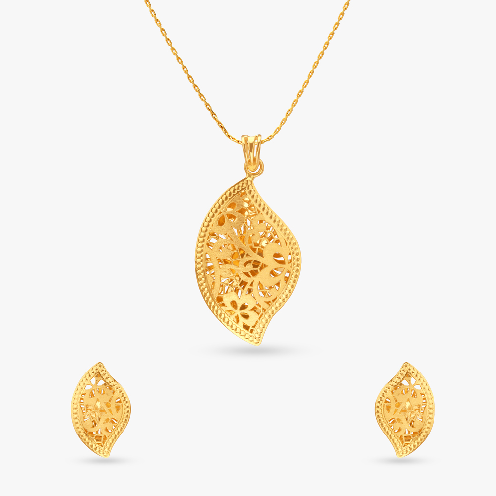 Blossom Curl Gold Pendant and Earrings Set