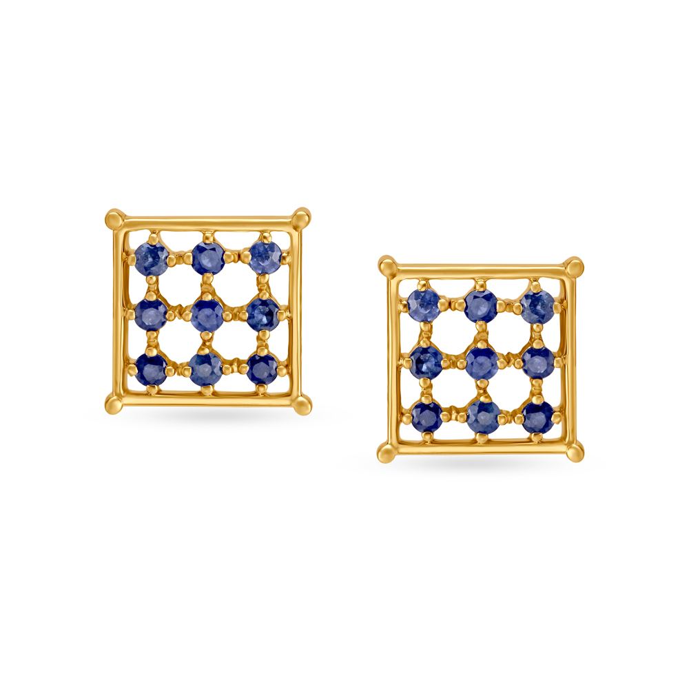 Geometric Sapphire Gold Stud Earrings