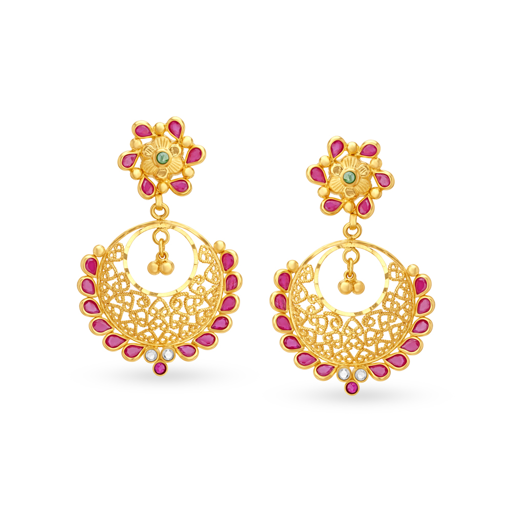Floral Mesh Work Gold Drop Earrings