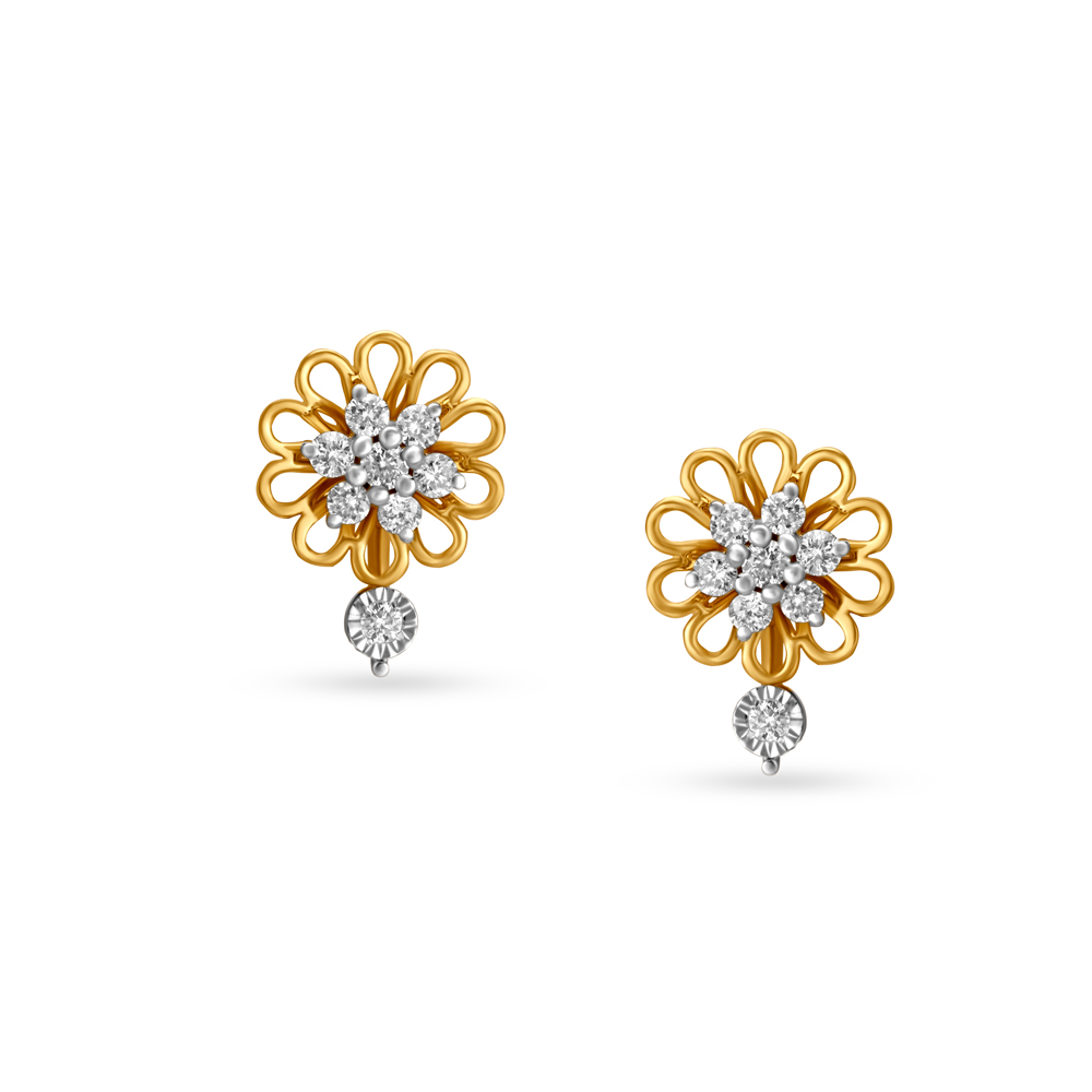 Radiant Floral Yellow and White Gold Diamond Stud Earrings